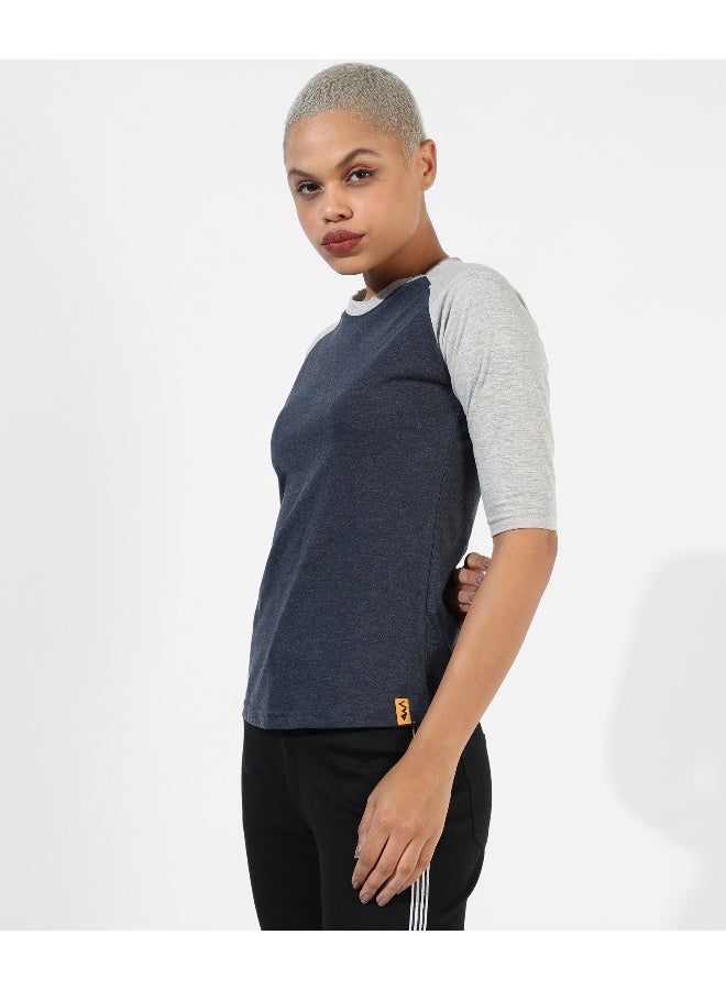 Women's Navy Blue Colourblocked Regular Fit Top