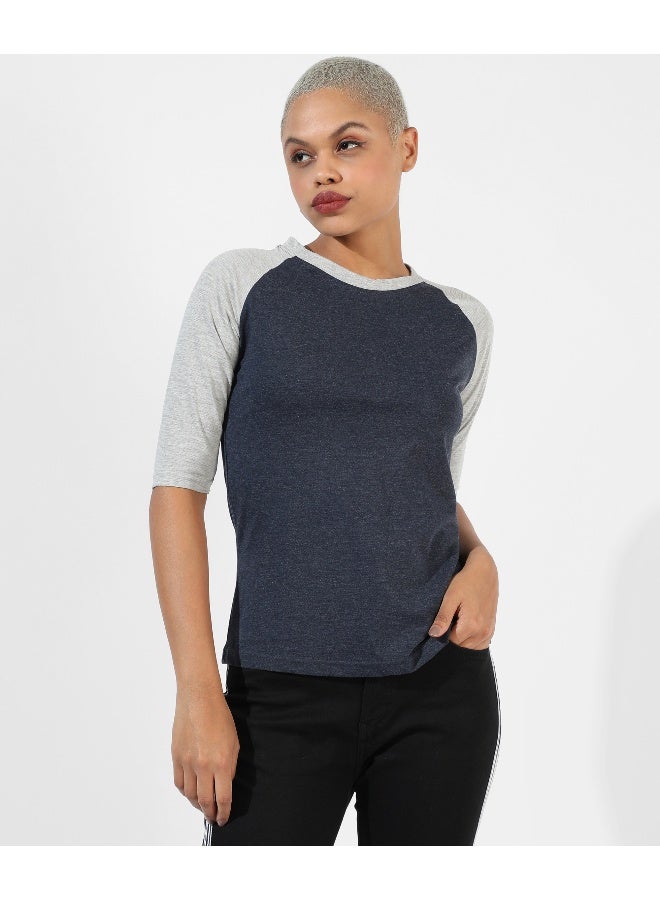 Women's Navy Blue Colourblocked Regular Fit Top