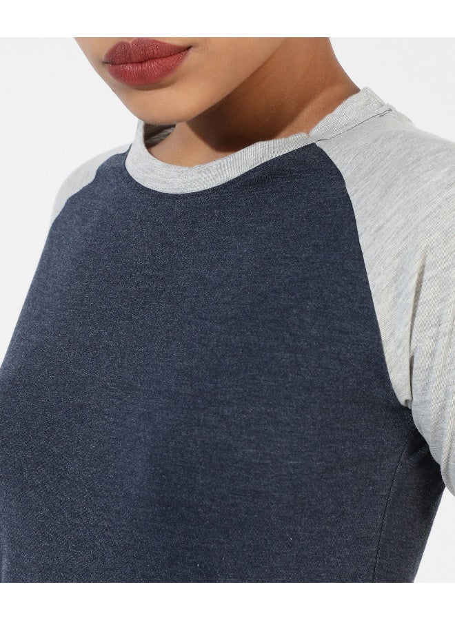 Women's Navy Blue Colourblocked Regular Fit Top