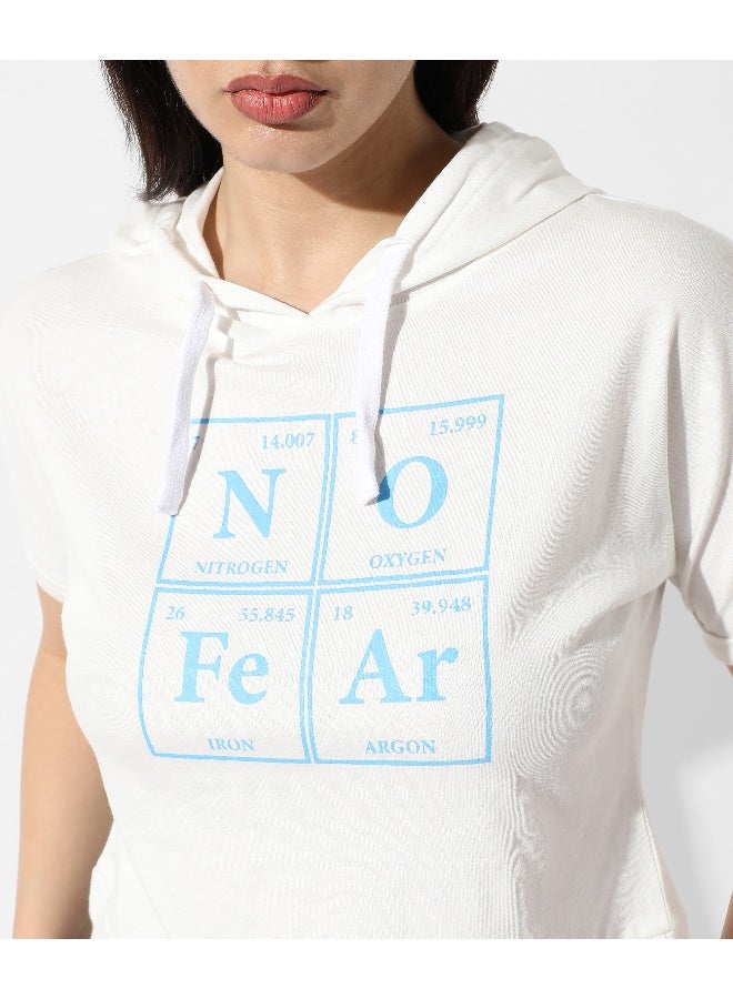 Women's White Typographic Print Hooded Top