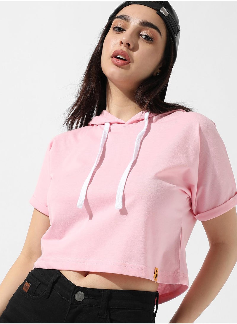 Women's Solid Light Pink Hooded Top