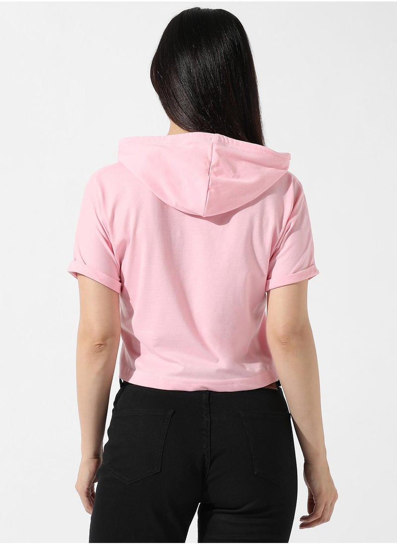 Women's Solid Light Pink Hooded Top