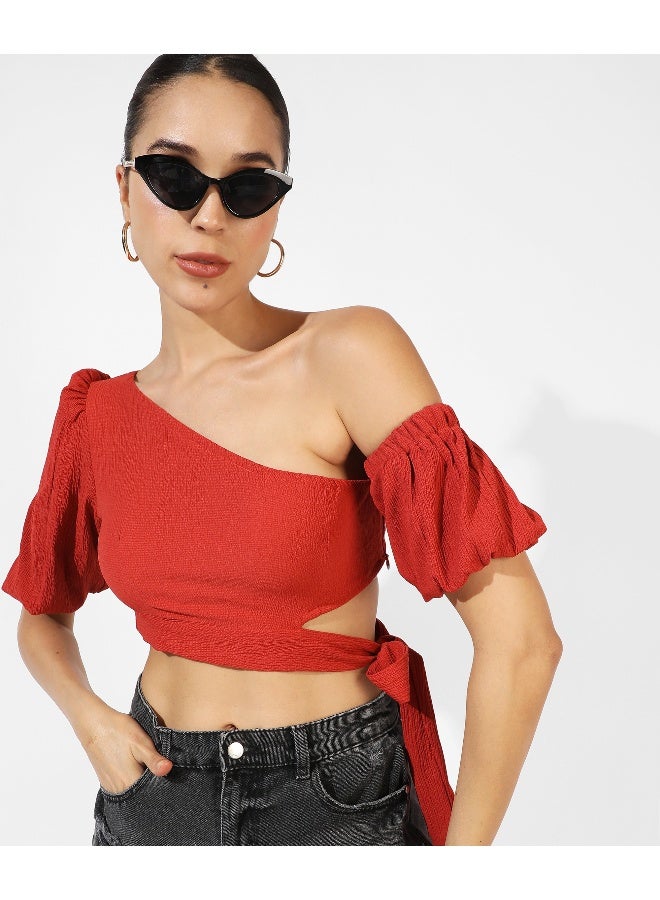 Women's Solid Red Crop Top