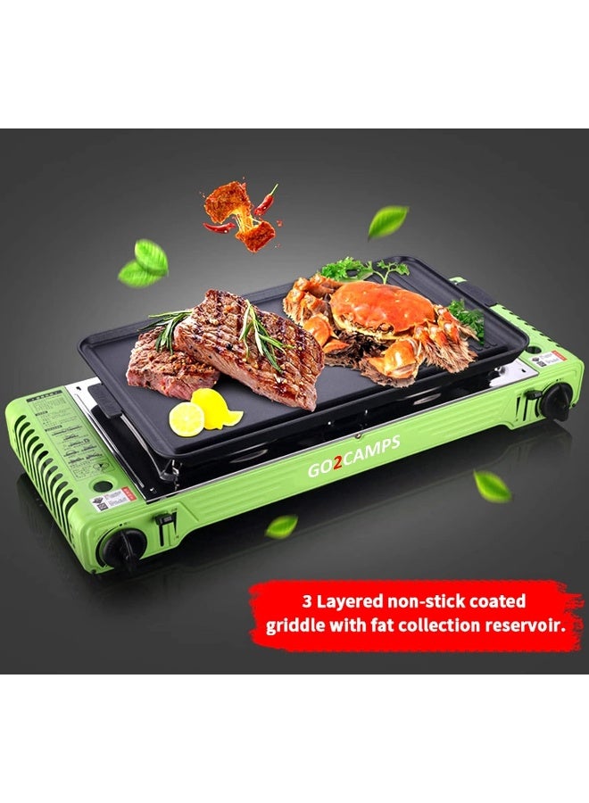 Alsaqer Korean Double Burner Butane Camping Stove With Bbq Grill Hotplate/Humburger Tray And Carry Case