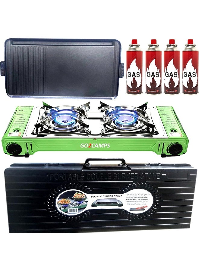 Alsaqer Korean Double Burner Butane Camping Stove With Bbq Grill Hotplate/Humburger Tray And Carry Case