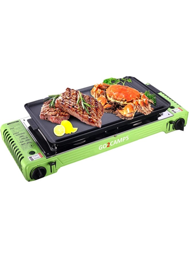 Alsaqer Korean Double Burner Butane Camping Stove With Bbq Grill Hotplate/Humburger Tray And Carry Case