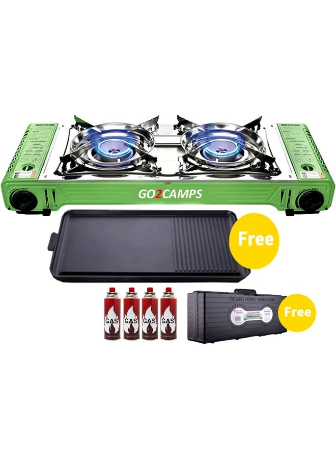 Alsaqer Korean Double Burner Butane Camping Stove With Bbq Grill Hotplate/Humburger Tray And Carry Case