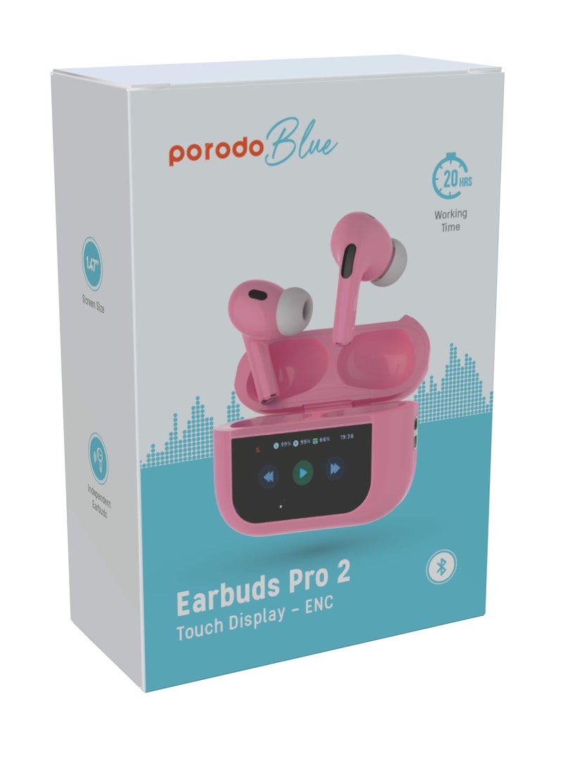 Earbuds Pro 2 With Touch Display with Environmental Noise Cancellation and ANC / Deep Bass / Touch Control / 20 Hours Working Time /1.47 inch Screen size - Pink