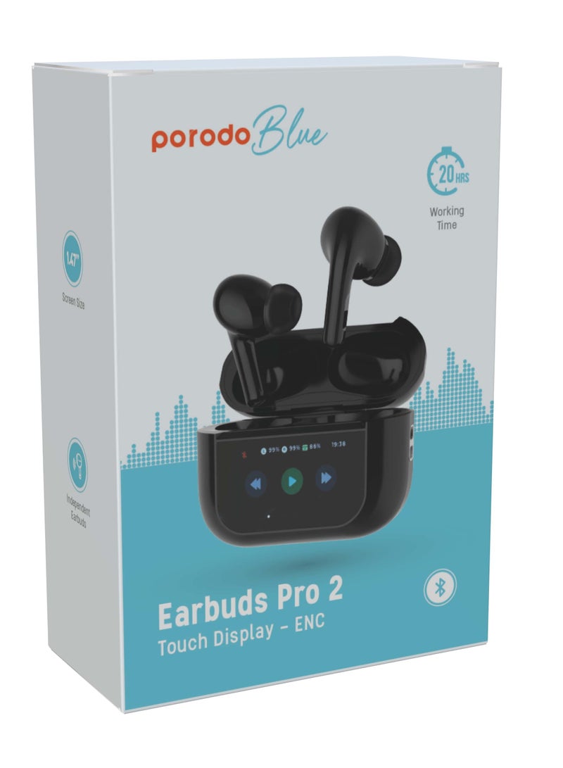 Earbuds Pro 2 With Touch Display with Environmental Noise Cancellation and ANC / Deep Bass / Touch Control / 20 Hours Working Time /1.47 inch Screen size - Black