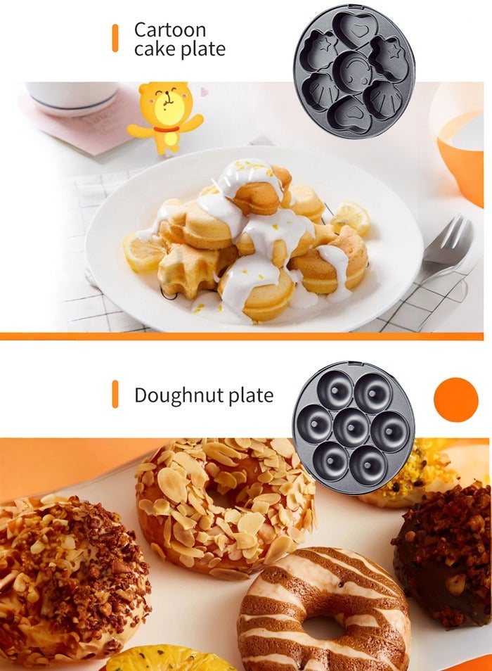 3-IN-1 Waffle Maker,Non-Stick Multi Snacks Maker with WaffleDonut/Cartoon Cake, Detachable Plates 800 SK-08006 Black/Silver