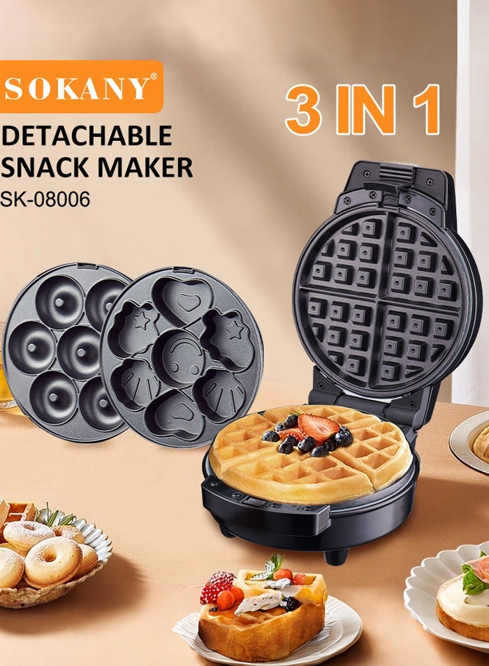 3-IN-1 Waffle Maker,Non-Stick Multi Snacks Maker with WaffleDonut/Cartoon Cake, Detachable Plates 800 SK-08006 Black/Silver