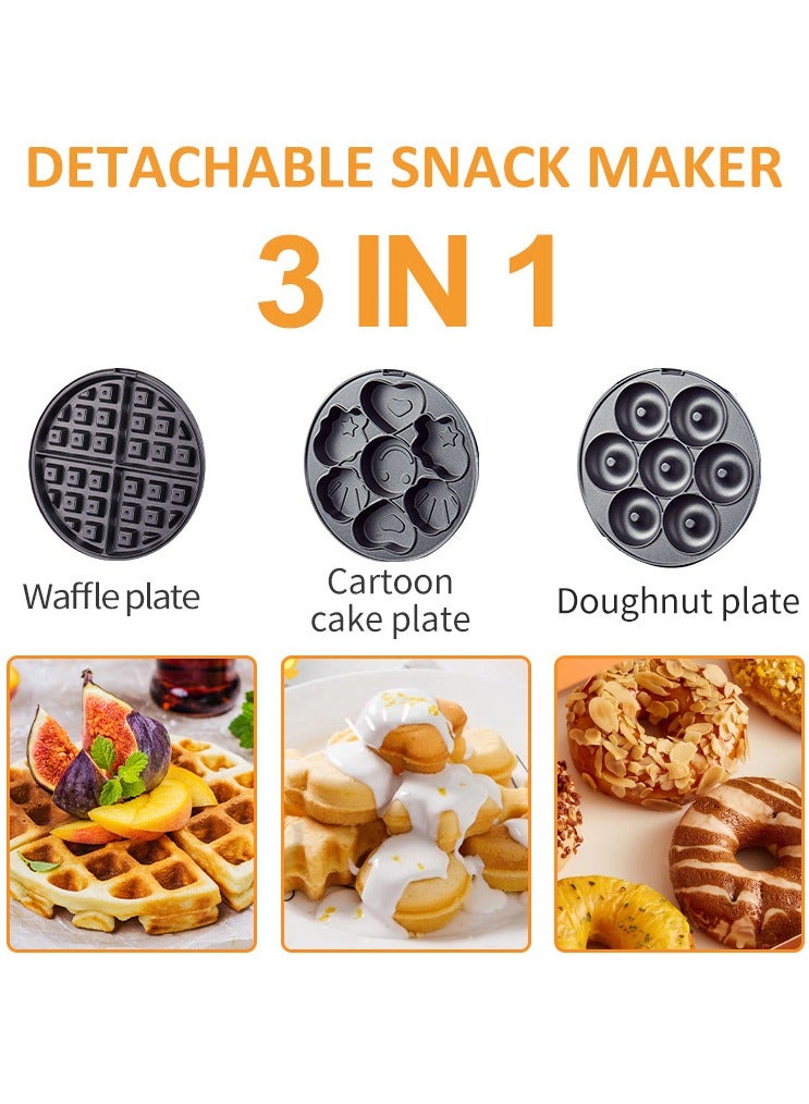 3-IN-1 Waffle Maker,Non-Stick Multi Snacks Maker with WaffleDonut/Cartoon Cake, Detachable Plates 800 SK-08006 Black/Silver