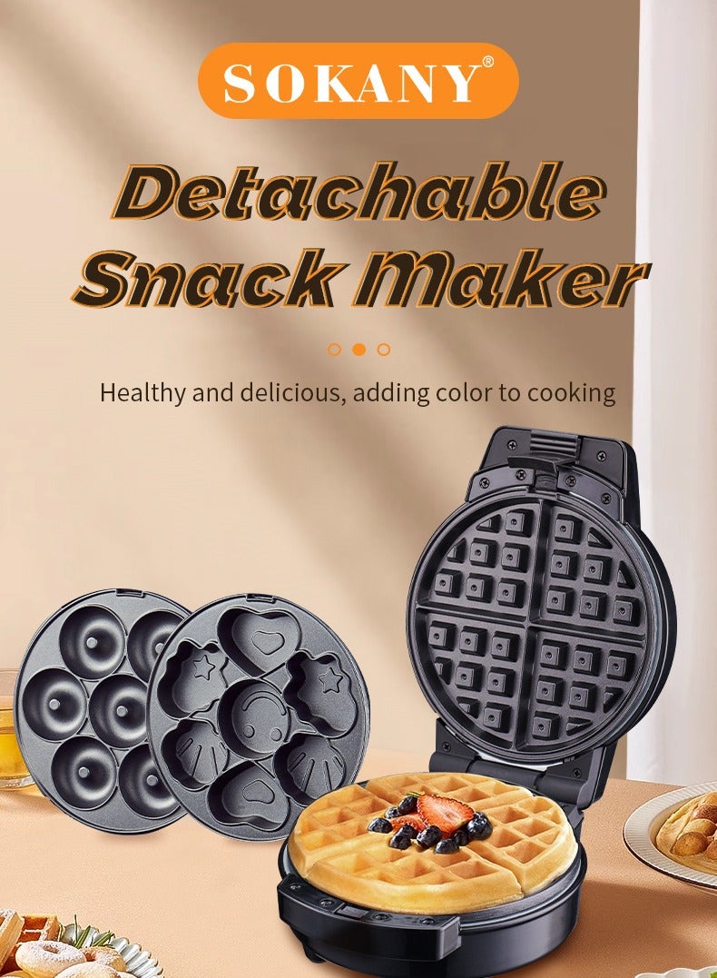 3-IN-1 Waffle Maker,Non-Stick Multi Snacks Maker with WaffleDonut/Cartoon Cake, Detachable Plates 800 SK-08006 Black/Silver