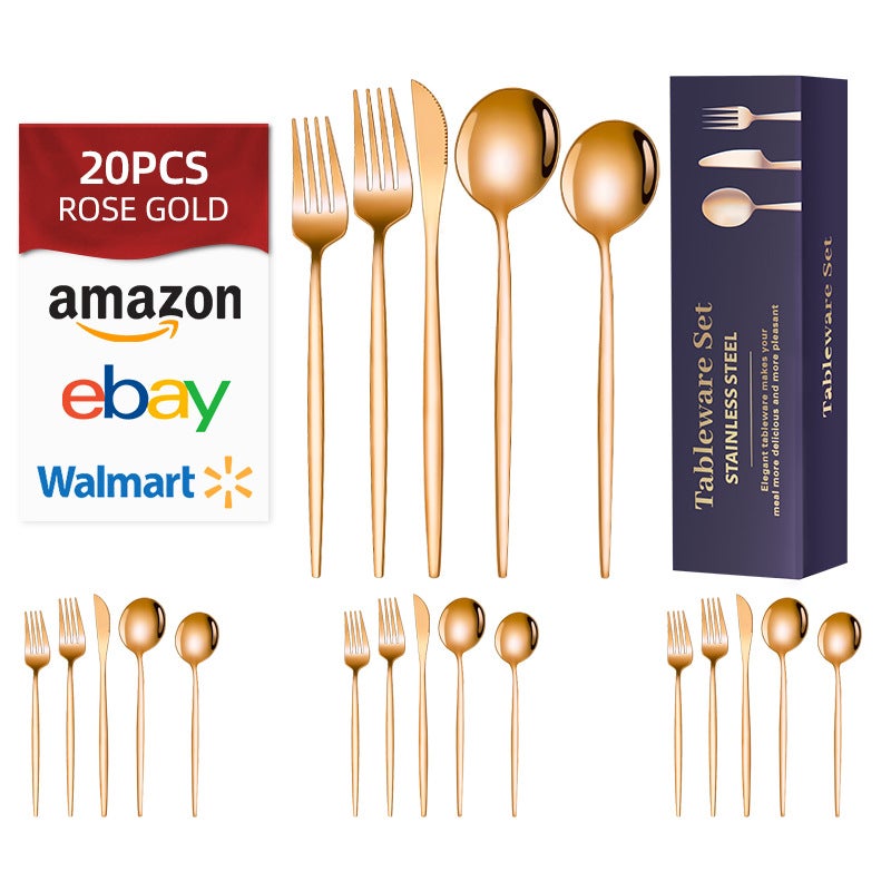 Portuguese tableware 20/24/30-piece stainless steel tableware knife, fork and spoon hotel Western food gift box suitRose gold [20-piece set suit]] Rose gold [20-piece set suit]]