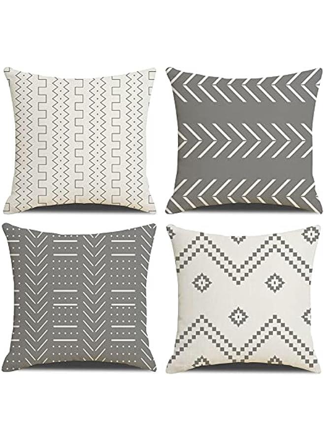 Pillow Covers 18 x 18 inch Pack of 4 Throw Pillow Covers Linen Cotton Blended Fabric Modern Geometric Patterns Decorative Sofa Square Cushion Cases