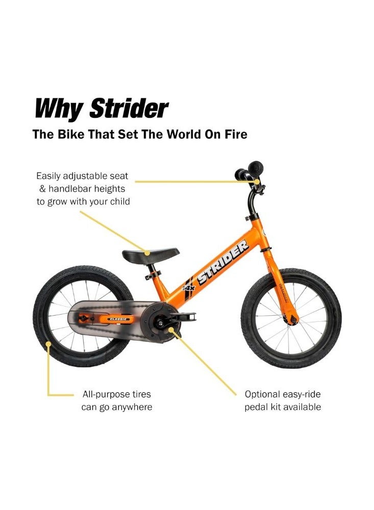 Strider 14x Kids Balance Bike, No Pedal Training Bicycle, Lightweight Frame, Adjustable Seat and Handlebars, Optional Pedal Kit, for Children Ages 3 to 7 Years Old  Tangerine