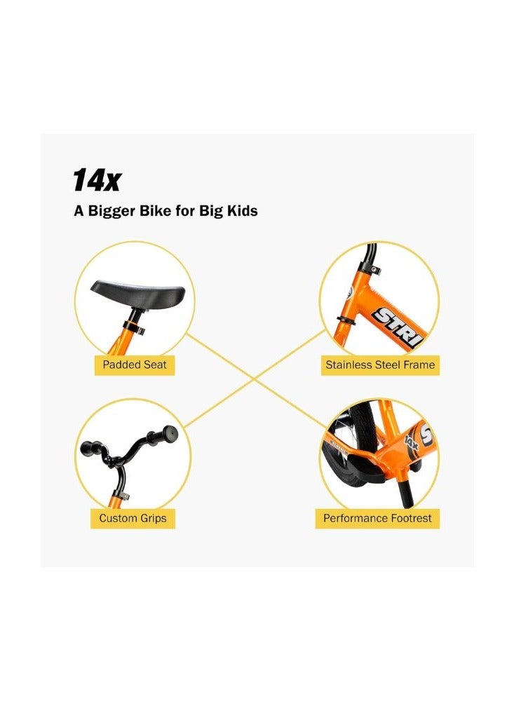 Strider 14x Kids Balance Bike, No Pedal Training Bicycle, Lightweight Frame, Adjustable Seat and Handlebars, Optional Pedal Kit, for Children Ages 3 to 7 Years Old  Tangerine