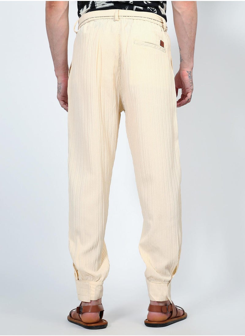 Men's Pale Yellow Textured Cuff-Hem Trousers