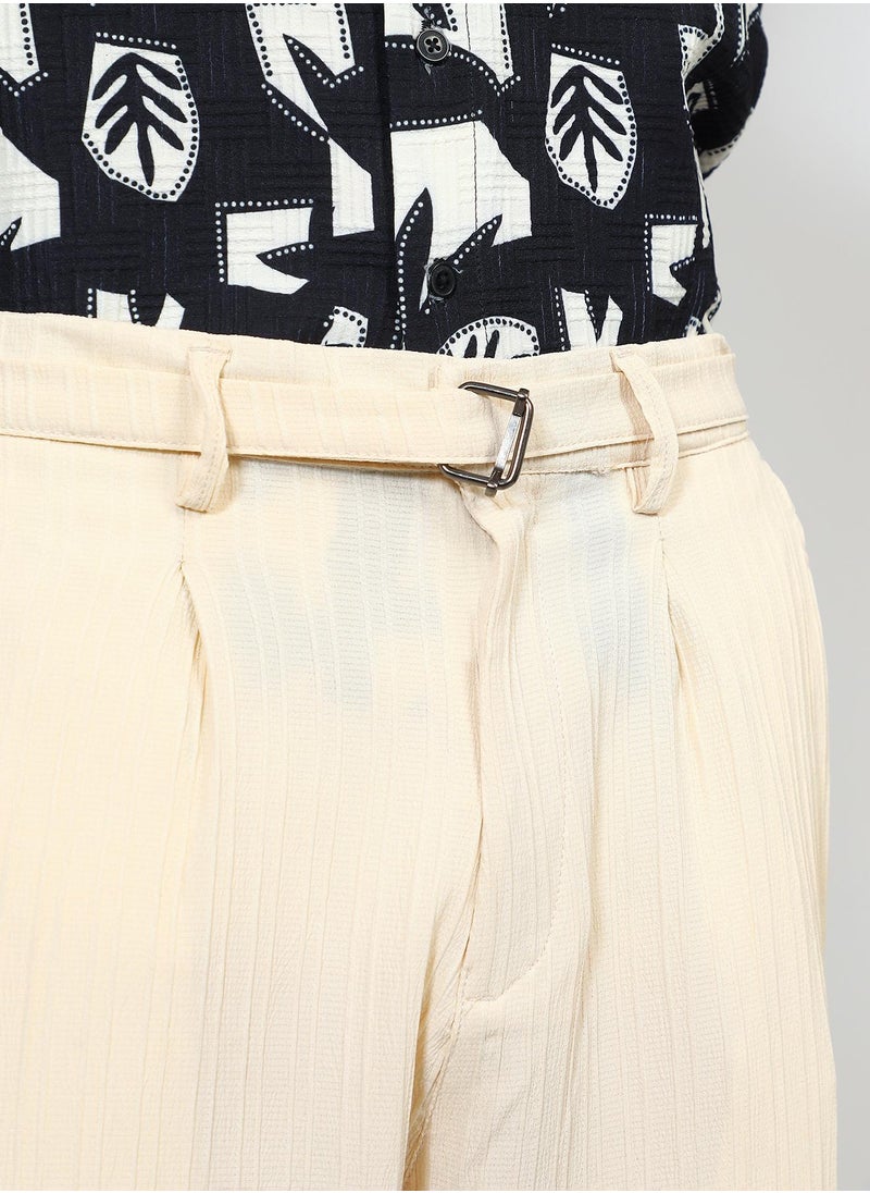 Men's Pale Yellow Textured Cuff-Hem Trousers