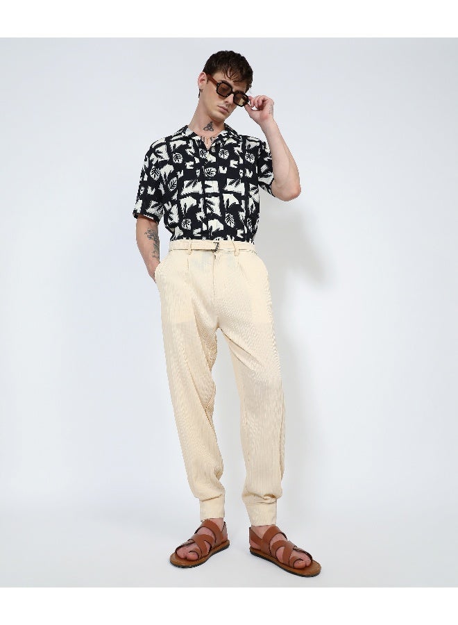 Men's Pale Yellow Textured Cuff-Hem Trousers