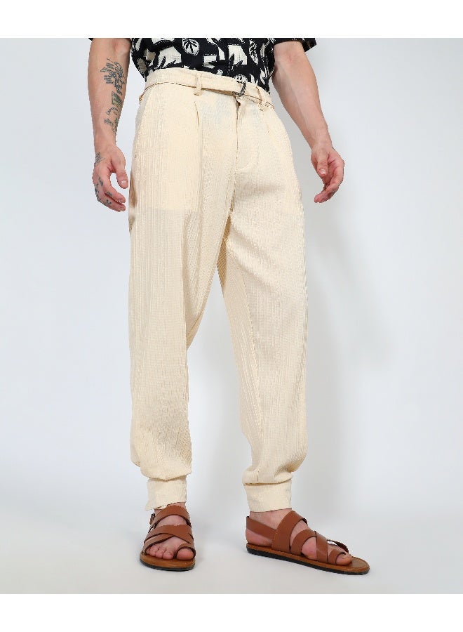 Men's Pale Yellow Textured Cuff-Hem Trousers