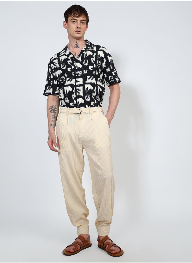 Men's Pale Yellow Textured Cuff-Hem Trousers