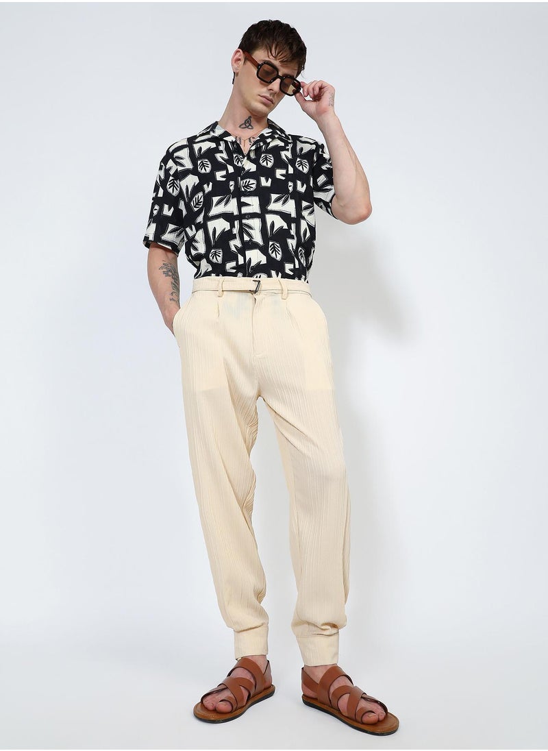 Men's Pale Yellow Textured Cuff-Hem Trousers