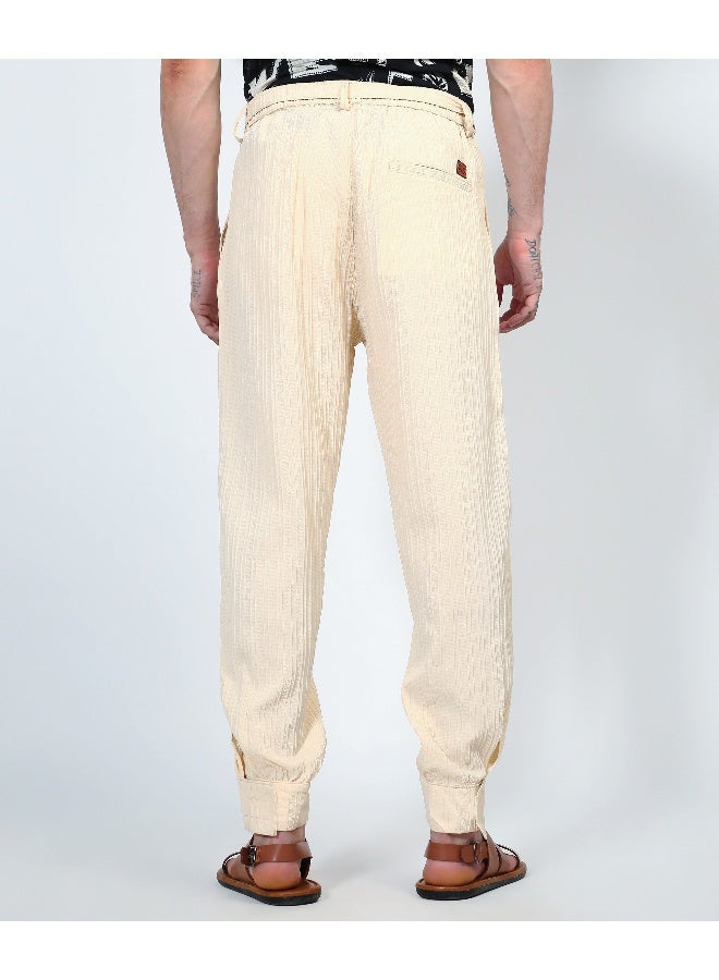 Men's Pale Yellow Textured Cuff-Hem Trousers