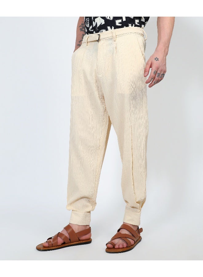 Men's Pale Yellow Textured Cuff-Hem Trousers