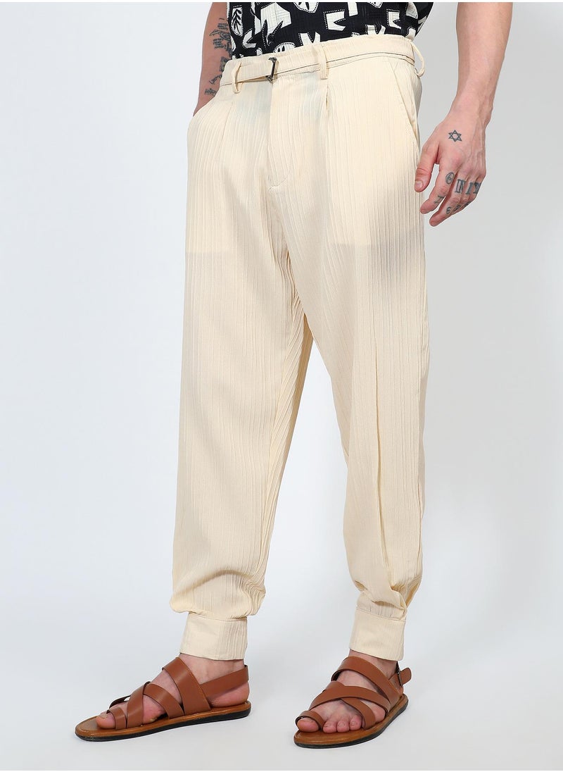 Men's Pale Yellow Textured Cuff-Hem Trousers