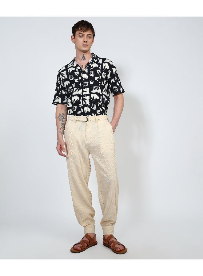 Men's Pale Yellow Textured Cuff-Hem Trousers