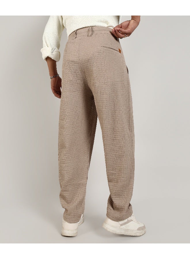 Men's Beige Textured Graph Check Trousers