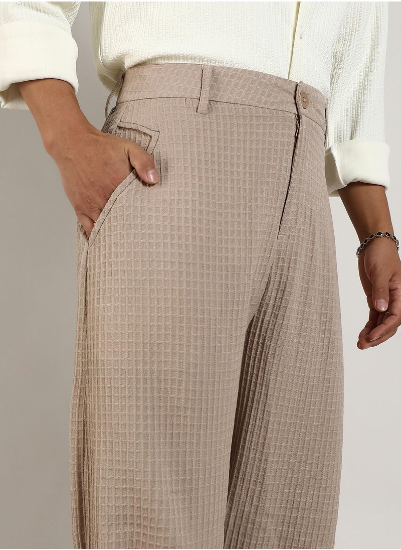 Men's Beige Textured Graph Check Trousers