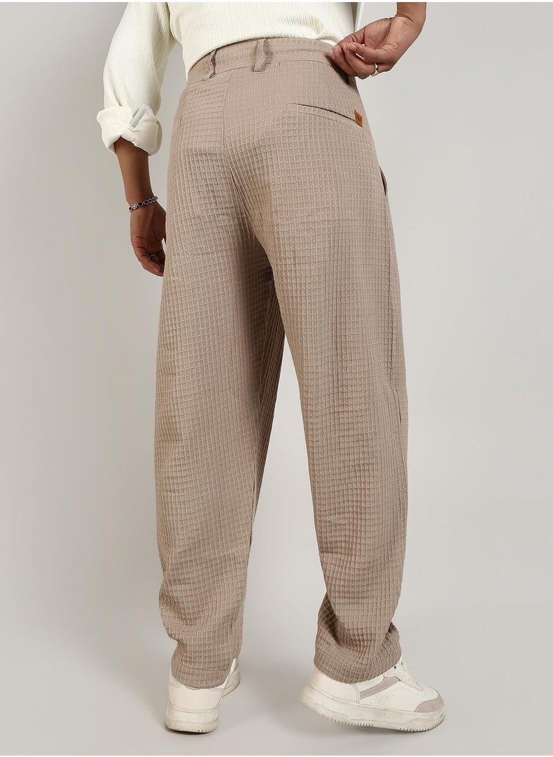 Men's Beige Textured Graph Check Trousers