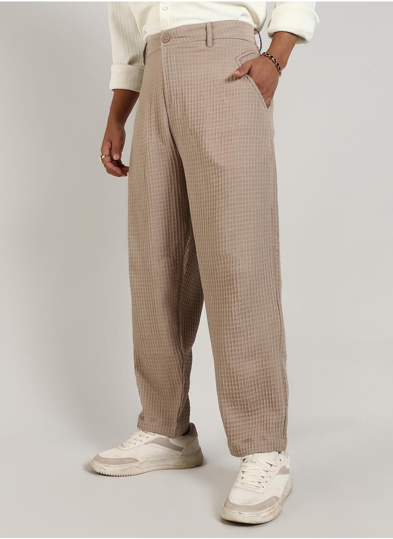 Men's Beige Textured Graph Check Trousers