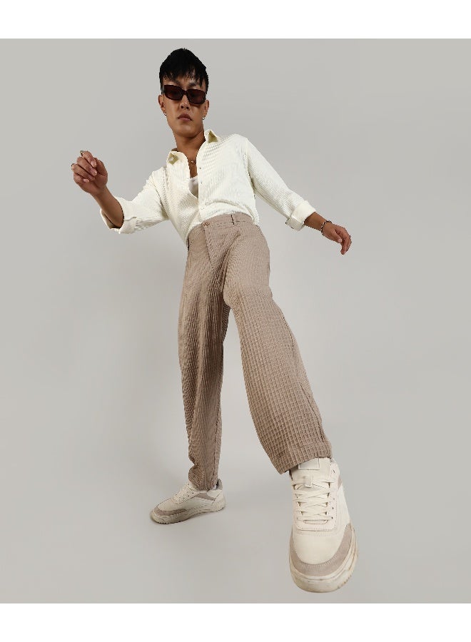 Men's Beige Textured Graph Check Trousers