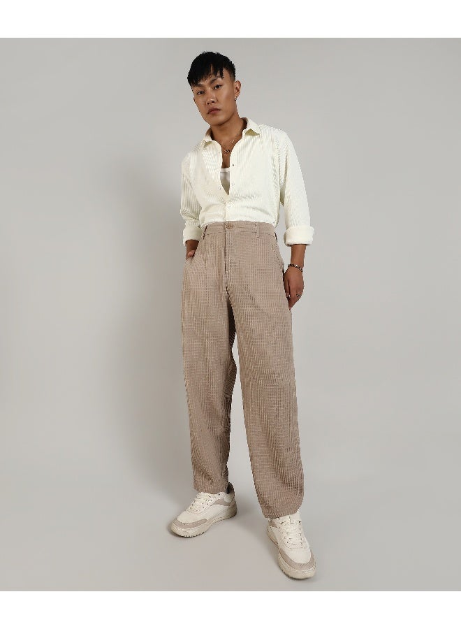 Men's Beige Textured Graph Check Trousers