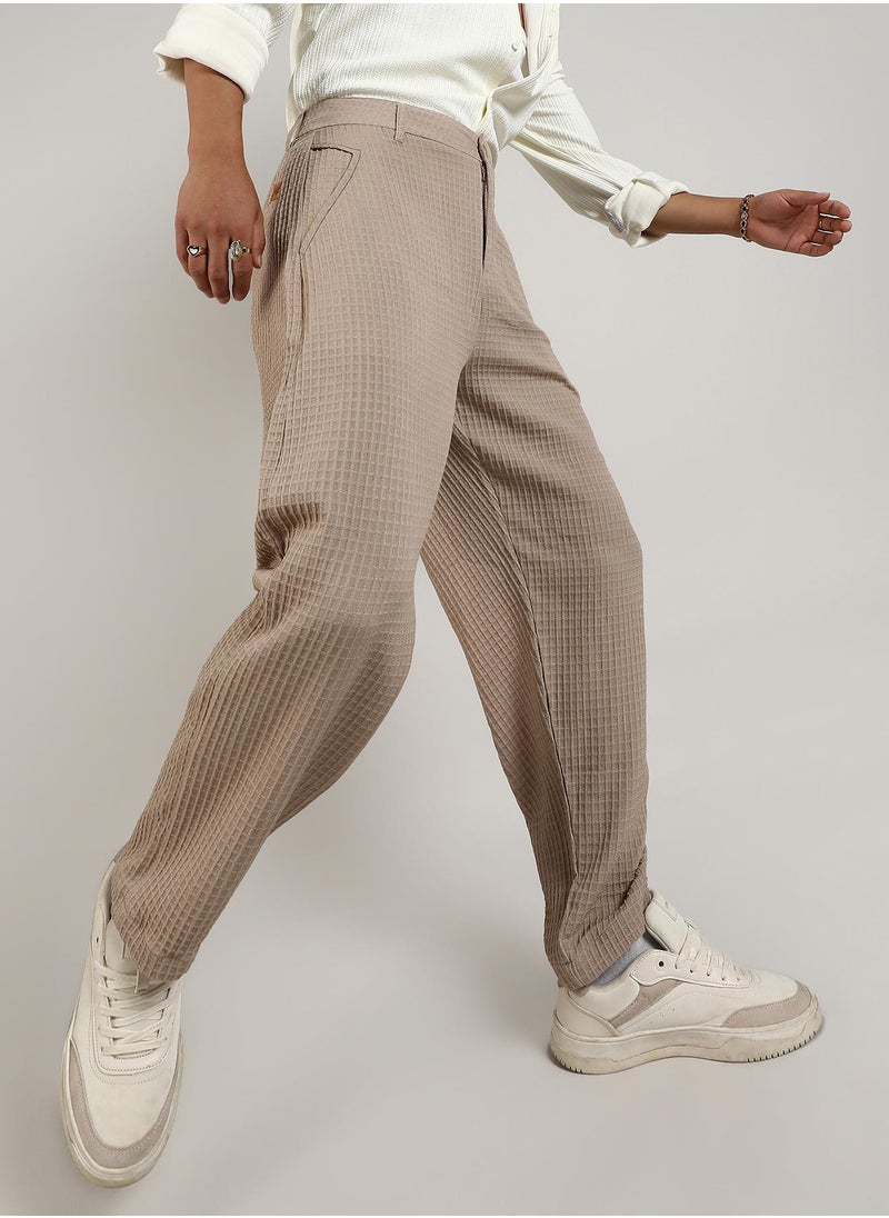 Men's Beige Textured Graph Check Trousers