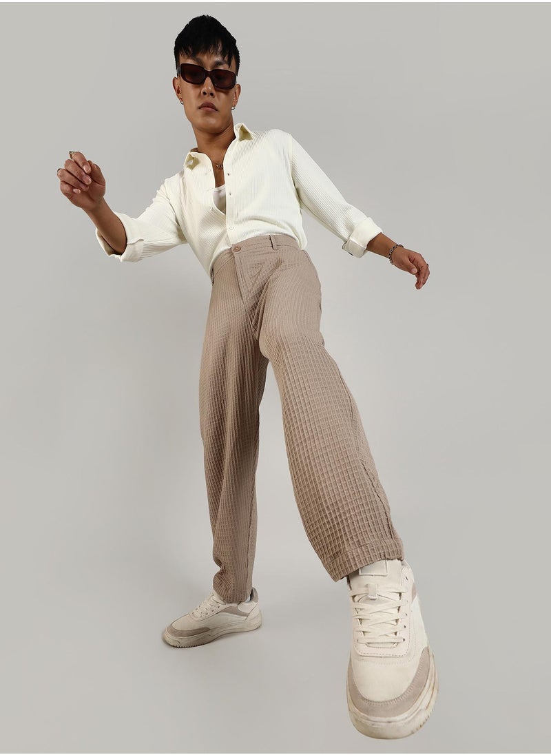 Men's Beige Textured Graph Check Trousers