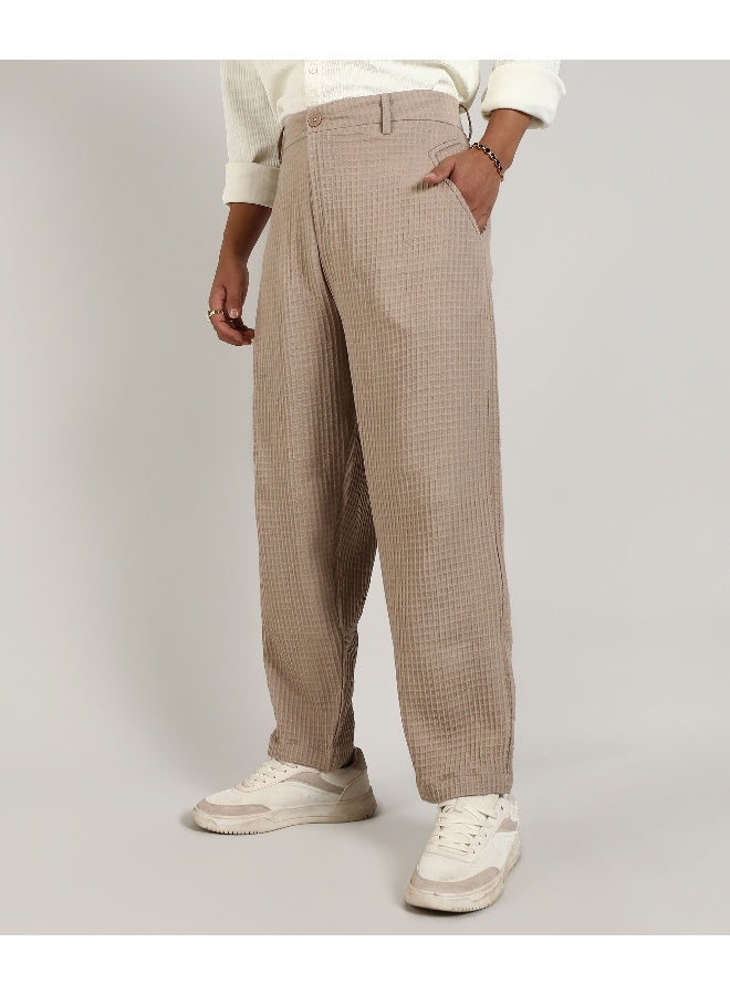 Men's Beige Textured Graph Check Trousers