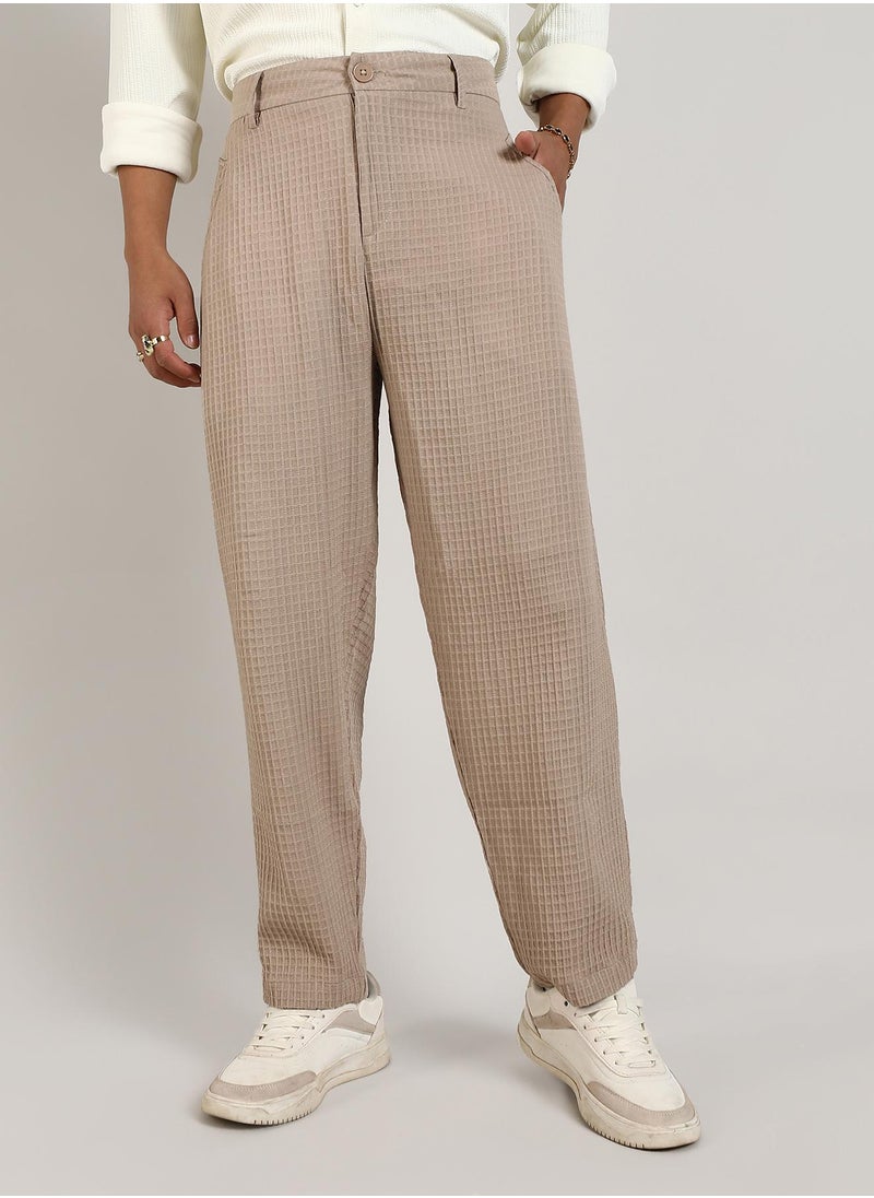 Men's Beige Textured Graph Check Trousers