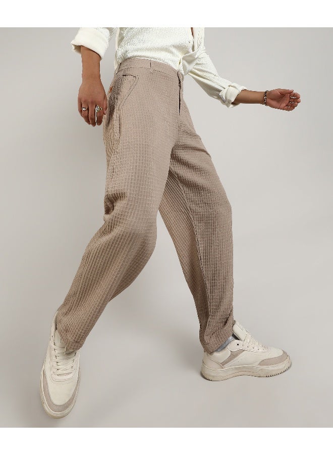 Men's Beige Textured Graph Check Trousers