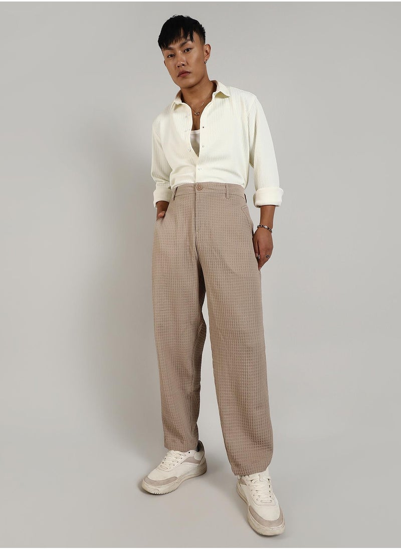 Men's Beige Textured Graph Check Trousers