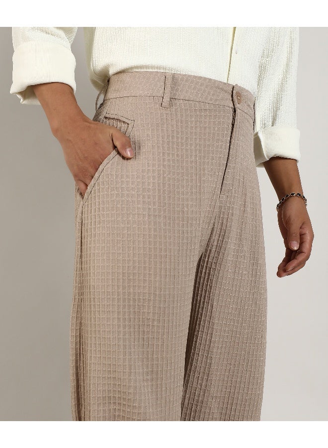 Men's Beige Textured Graph Check Trousers