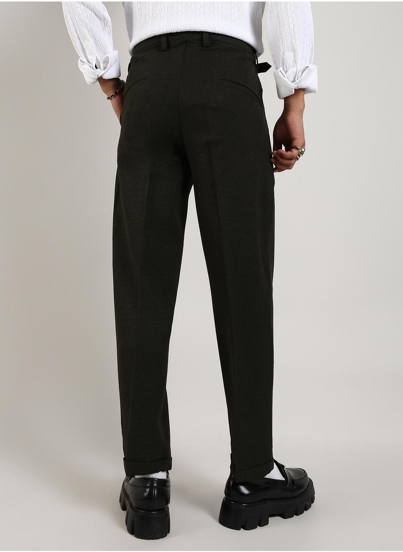 Men's Juniper Green Tailored Linen-Blend Trousers