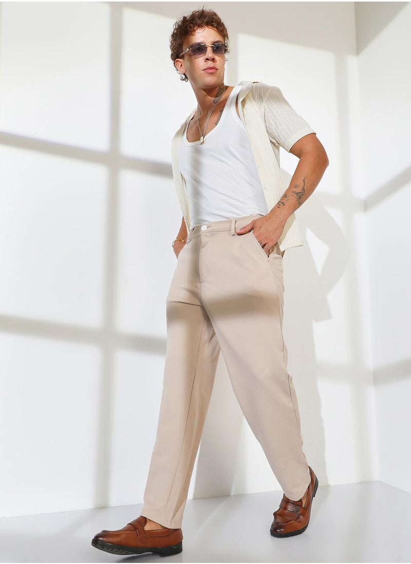 Men's Khaki Brown Straight-Fit Tailored Trousers