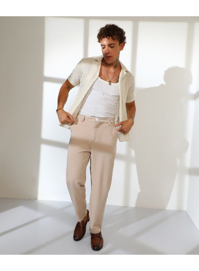 Men's Khaki Brown Straight-Fit Tailored Trousers