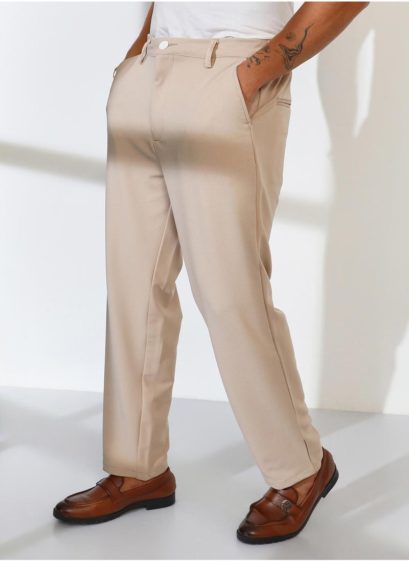 Men's Khaki Brown Straight-Fit Tailored Trousers