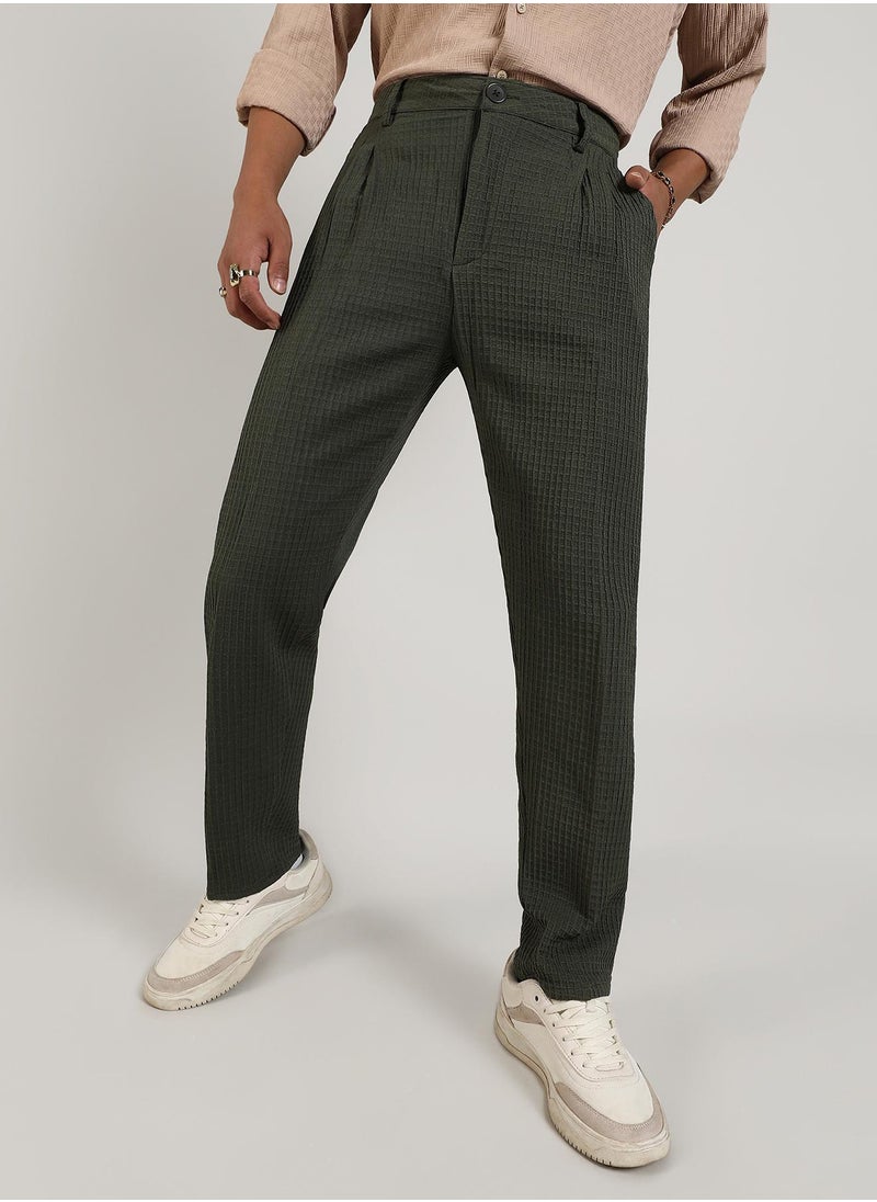 Men's Forest Green Textured Graph Check Trousers