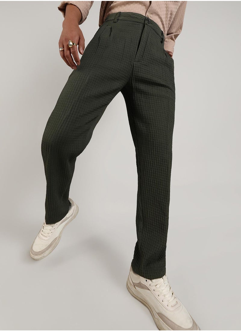 Men's Forest Green Textured Graph Check Trousers